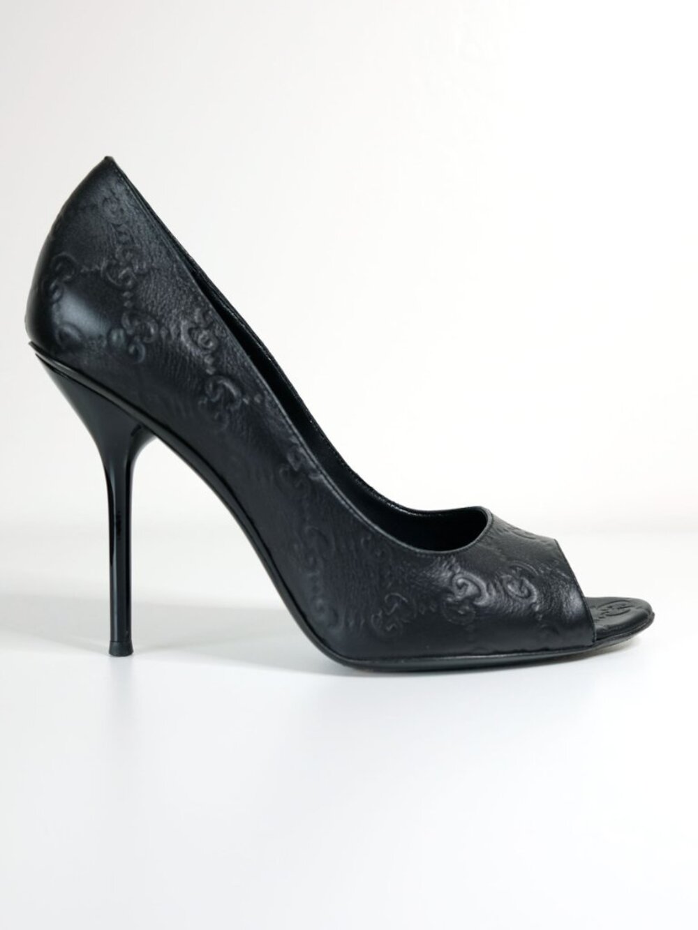 Gucci Guccissima Peep Toe Stilettos, Matte Black - Picture 2 of 16